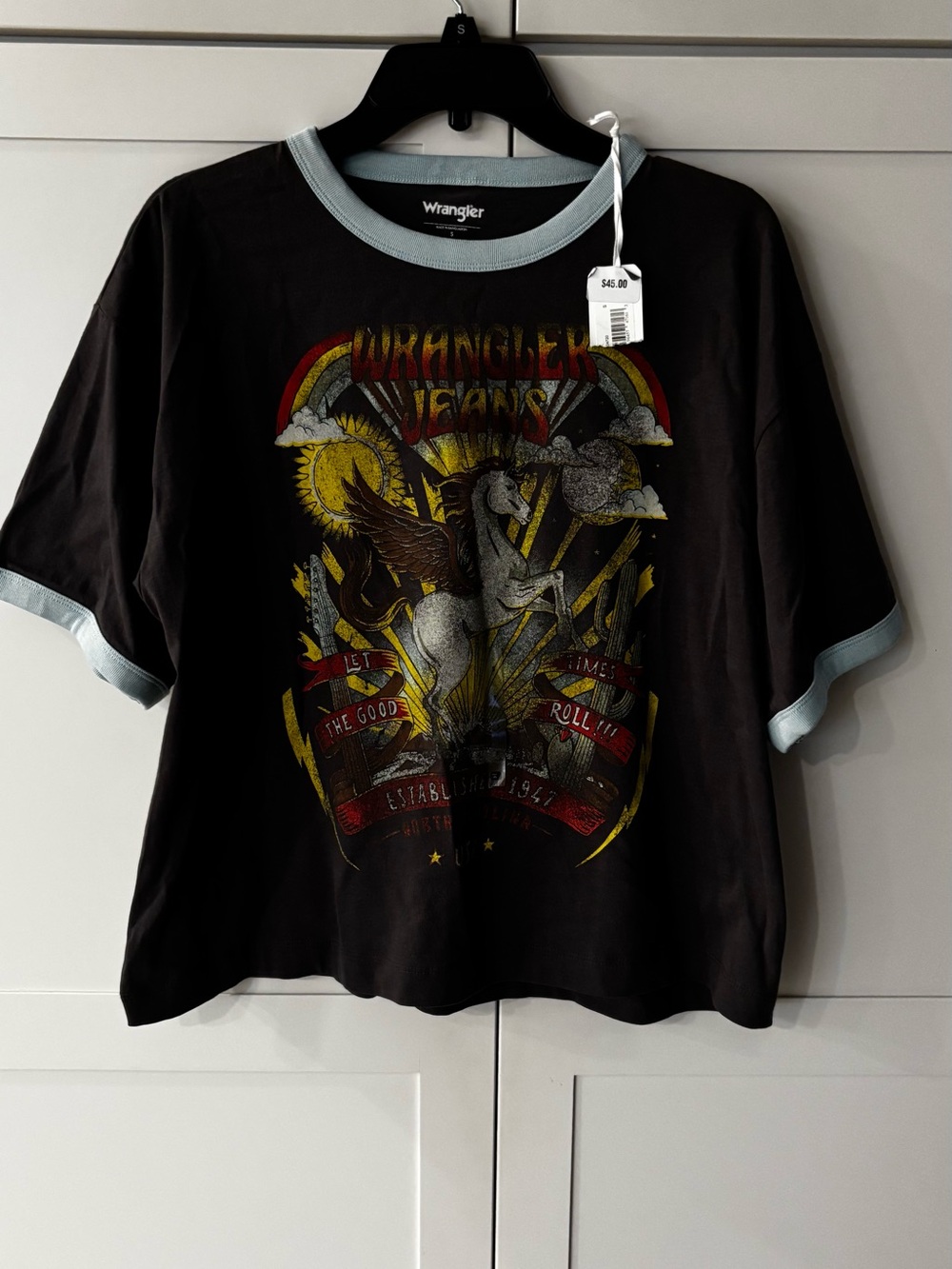 Wrangler Black Tee with Light Blue Trim and Multicolor Pegasus Graphic